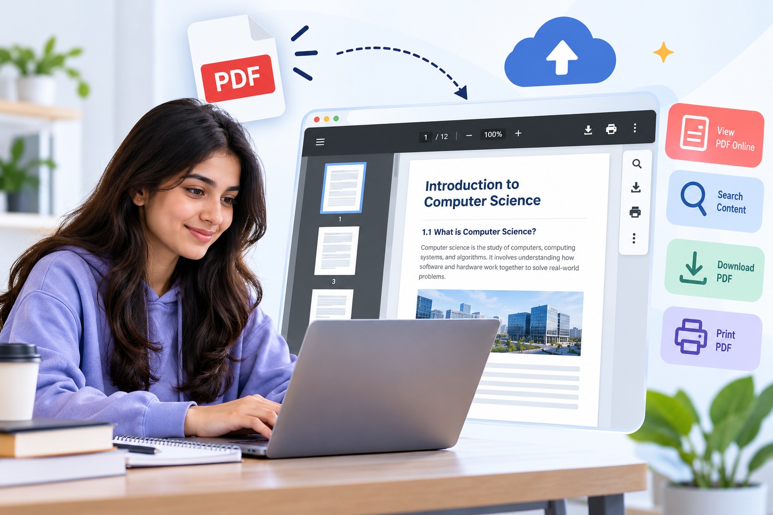 Student studying programming notes using an online PDF viewer